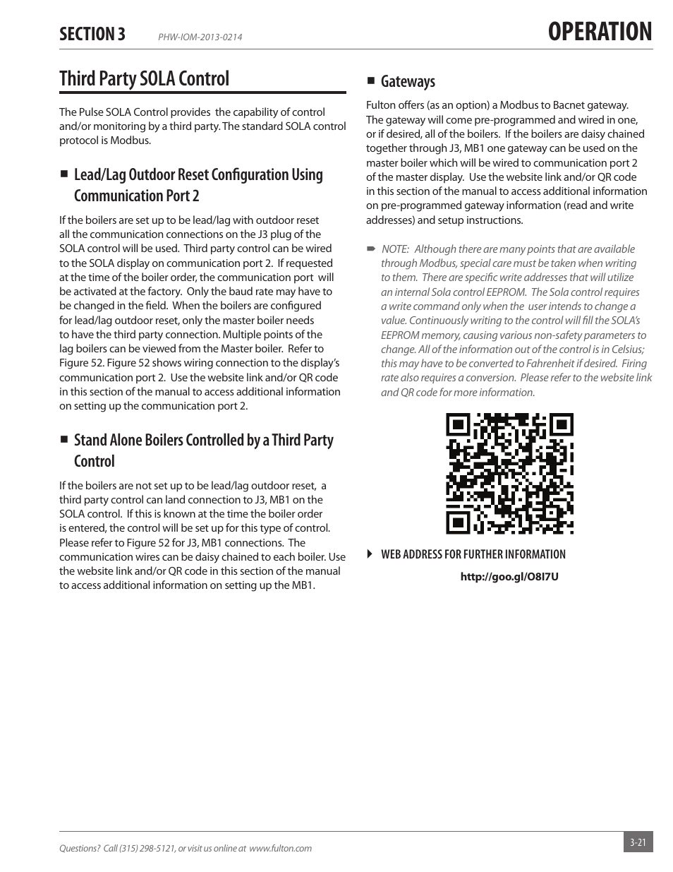 Operation, Third party sola control | Fulton Pulse HW (PHW) Fully Condensing Hydronic Boiler User Manual | Page 57 / 84