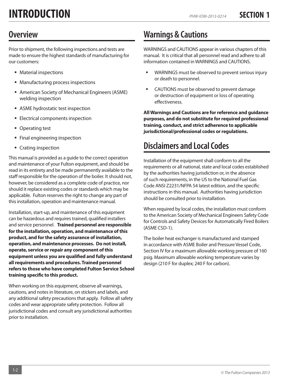 Introduction, Overview, Warnings & cautions | Disclaimers and local codes | Fulton Pulse HW (PHW) Fully Condensing Hydronic Boiler User Manual | Page 6 / 84