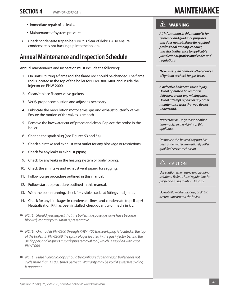 Maintenance, Annual maintenance and inspection schedule | Fulton Pulse HW (PHW) Fully Condensing Hydronic Boiler User Manual | Page 63 / 84