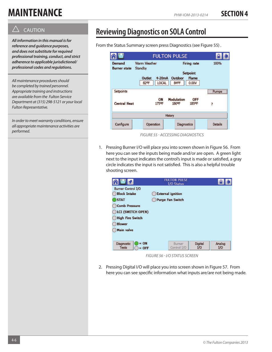 Maintenance, Reviewing diagnostics on sola control | Fulton Pulse HW (PHW) Fully Condensing Hydronic Boiler User Manual | Page 66 / 84