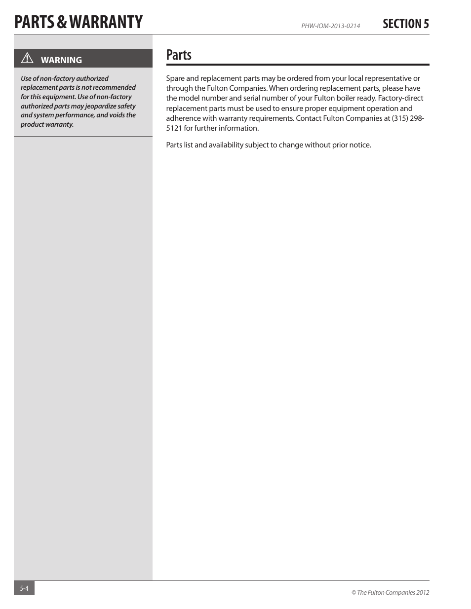 Parts & warranty, Parts | Fulton Pulse HW (PHW) Fully Condensing Hydronic Boiler User Manual | Page 72 / 84