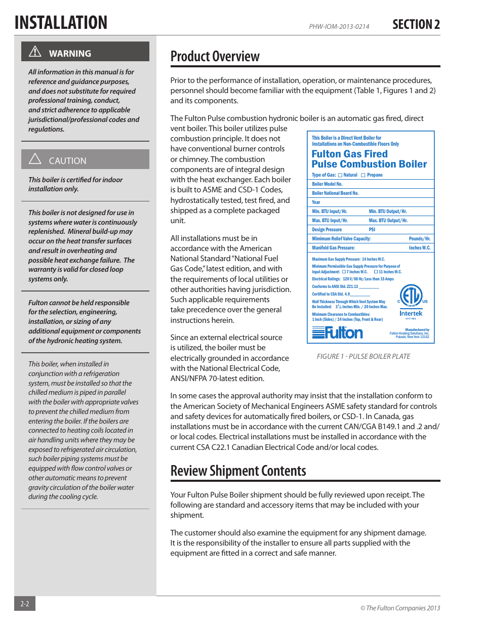 Installation, Product overview, Review shipment contents | Fulton gas fired pulse combustion boiler | Fulton Pulse HW (PHW) Fully Condensing Hydronic Boiler User Manual | Page 8 / 84