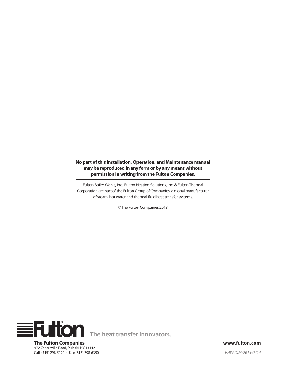 The heat transfer innovators | Fulton Pulse HW (PHW) Fully Condensing Hydronic Boiler User Manual | Page 84 / 84