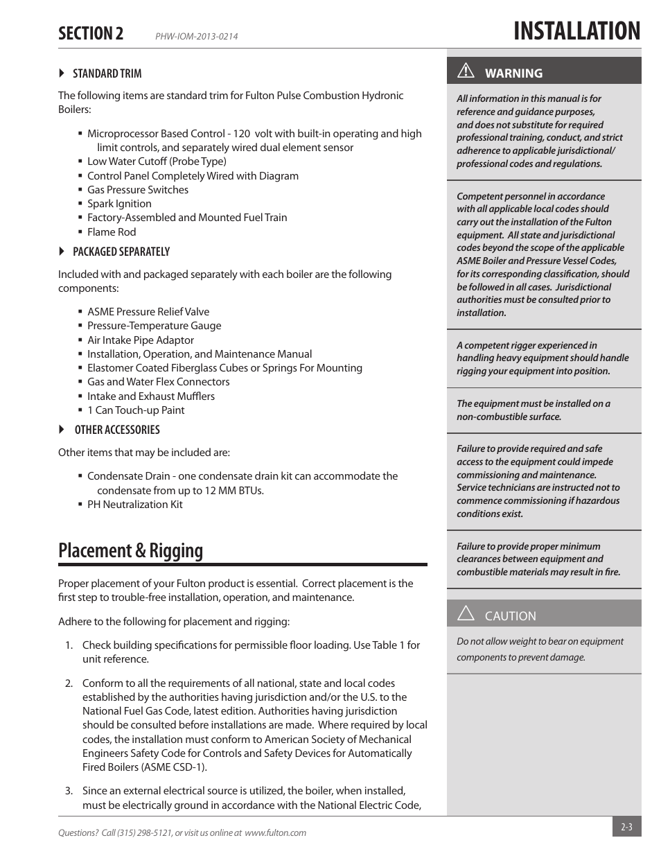 Installation, Placement & rigging | Fulton Pulse HW (PHW) Fully Condensing Hydronic Boiler User Manual | Page 9 / 84