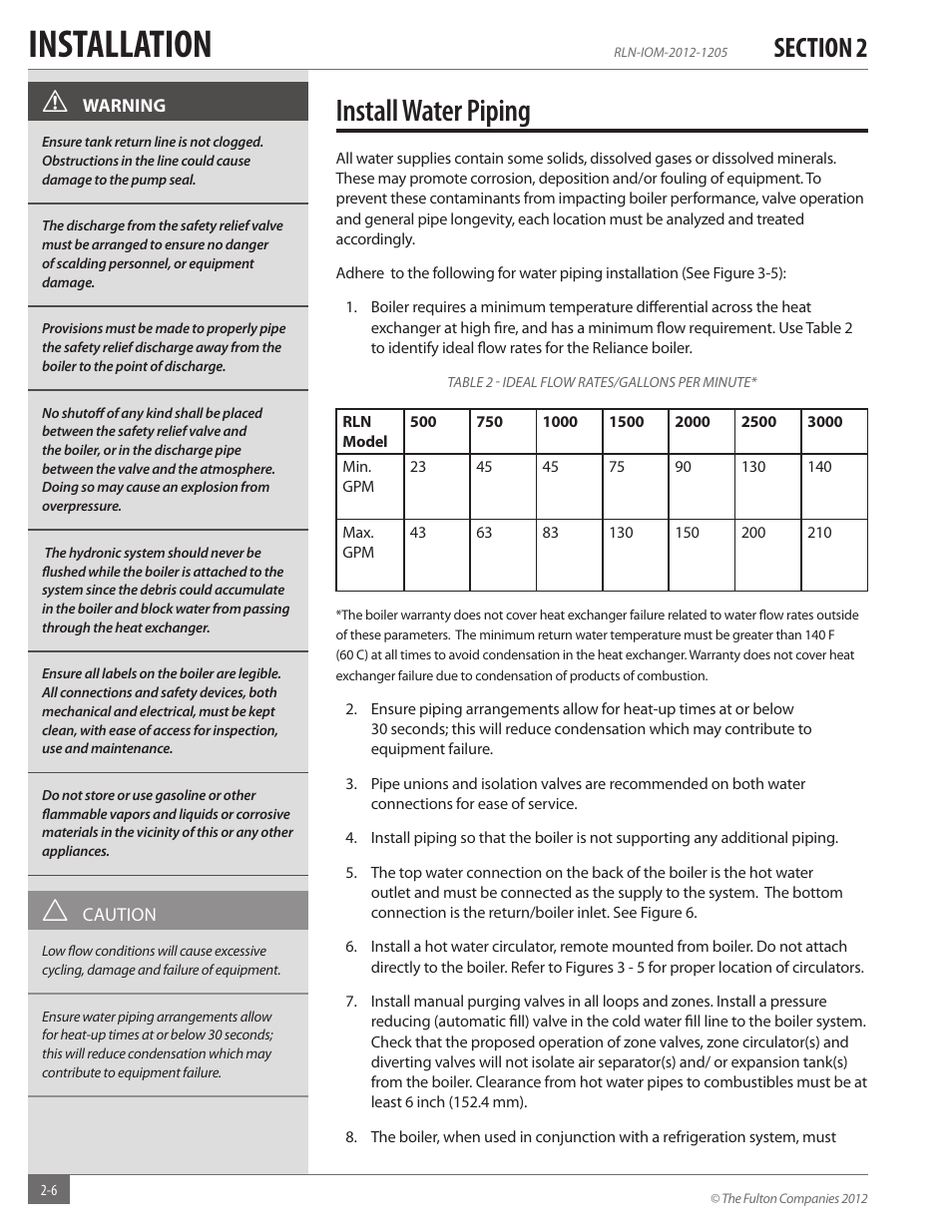 Installation, Install water piping | Fulton Reliance (RLN) High Efficiency Cooper Fin Boiler User Manual | Page 12 / 60