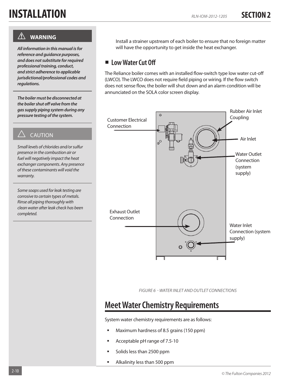 Installation, Meet water chemistry requirements, Low water cut off | Fulton Reliance (RLN) High Efficiency Cooper Fin Boiler User Manual | Page 16 / 60