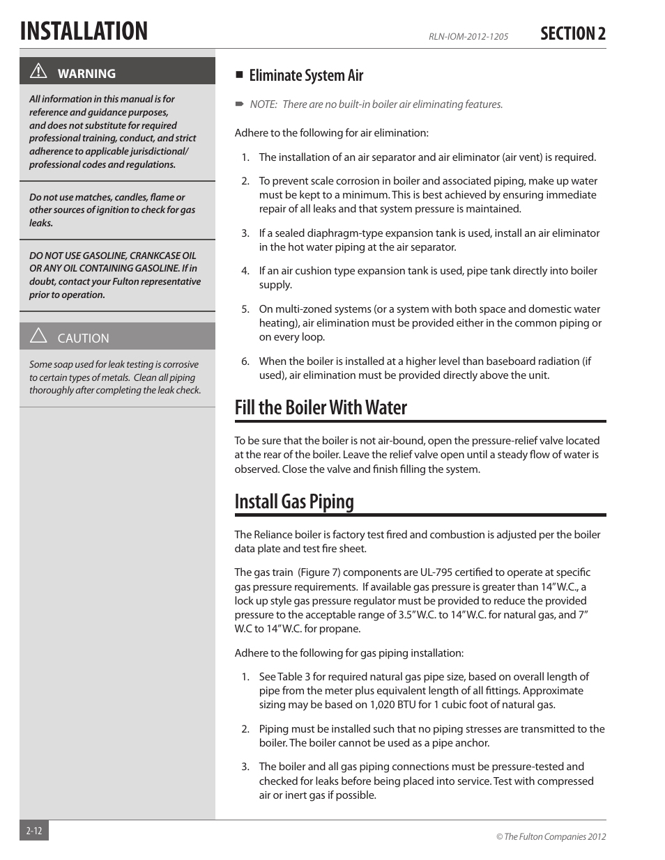 Installation, Fill the boiler with water, Install gas piping | Eliminate system air | Fulton Reliance (RLN) High Efficiency Cooper Fin Boiler User Manual | Page 18 / 60