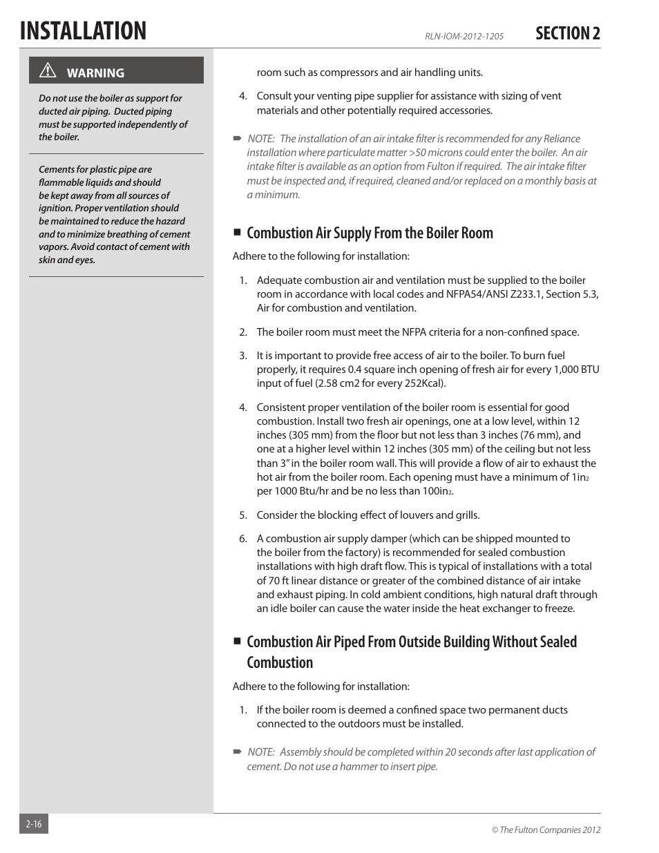 Installation, Combustion air supply from the boiler room | Fulton Reliance (RLN) High Efficiency Cooper Fin Boiler User Manual | Page 22 / 60