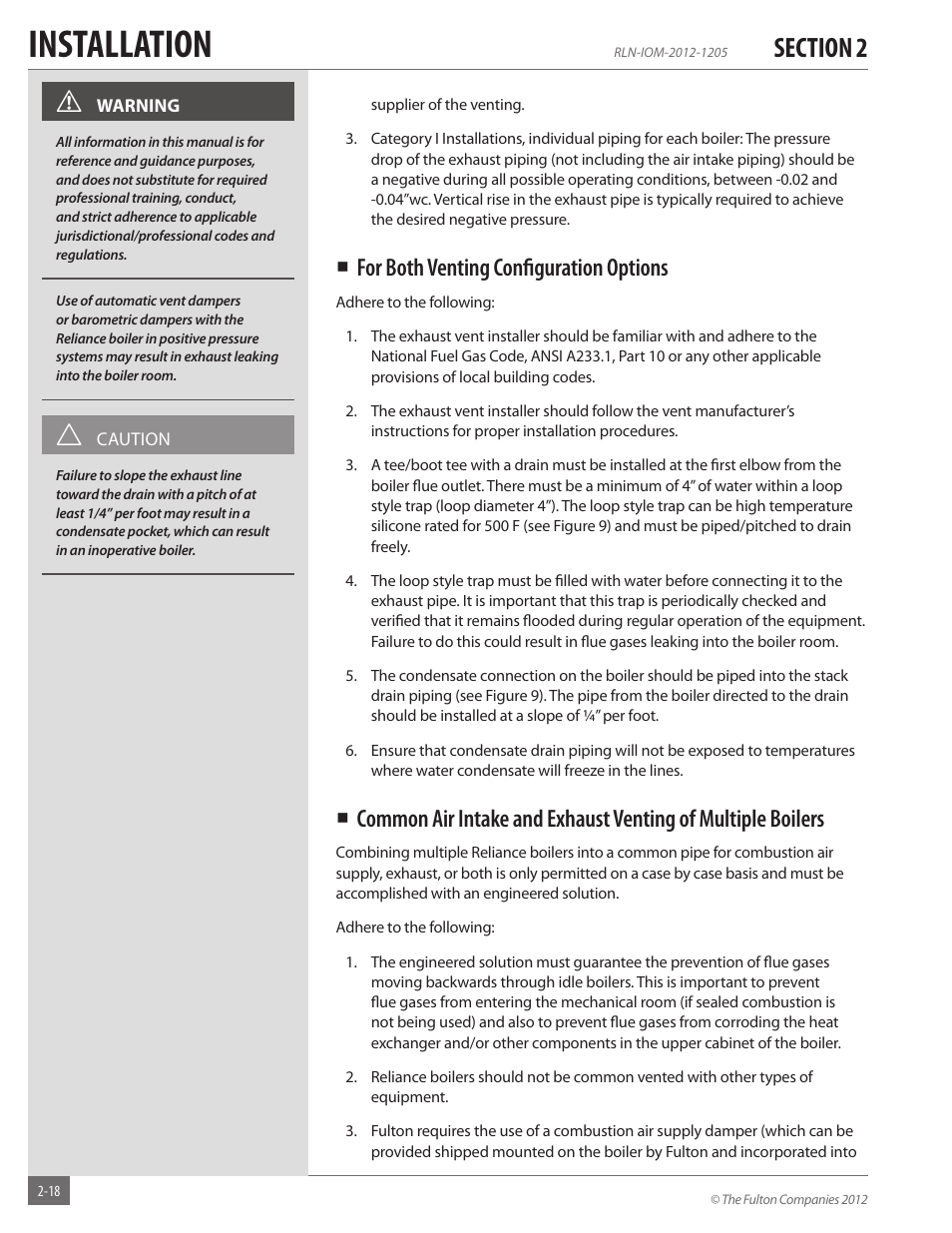 Installation, For both venting confi guration options | Fulton Reliance (RLN) High Efficiency Cooper Fin Boiler User Manual | Page 24 / 60