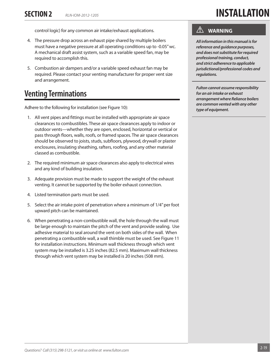 Installation, Venting terminations | Fulton Reliance (RLN) High Efficiency Cooper Fin Boiler User Manual | Page 25 / 60