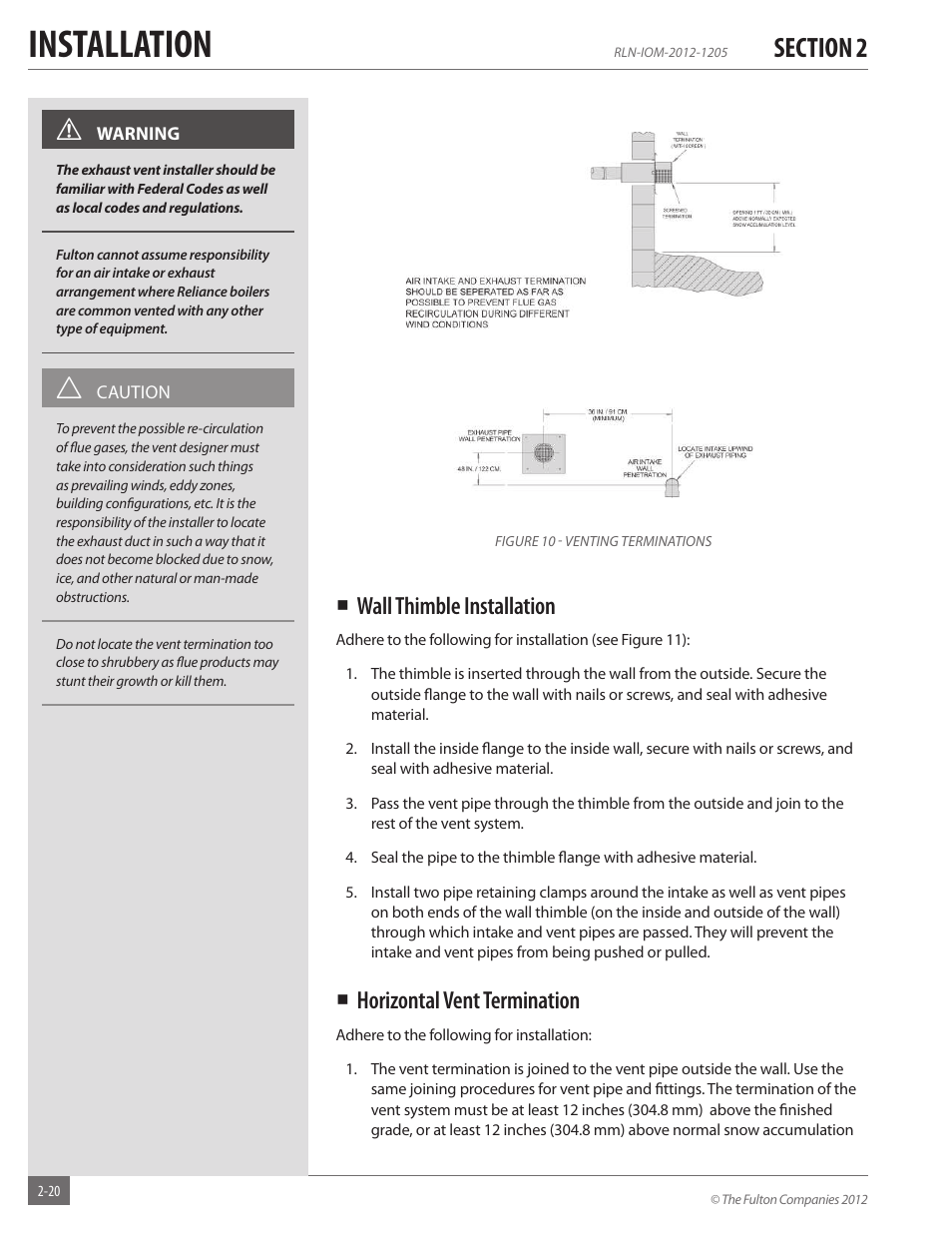 Installation, Wall thimble installation, Horizontal vent termination | Fulton Reliance (RLN) High Efficiency Cooper Fin Boiler User Manual | Page 26 / 60