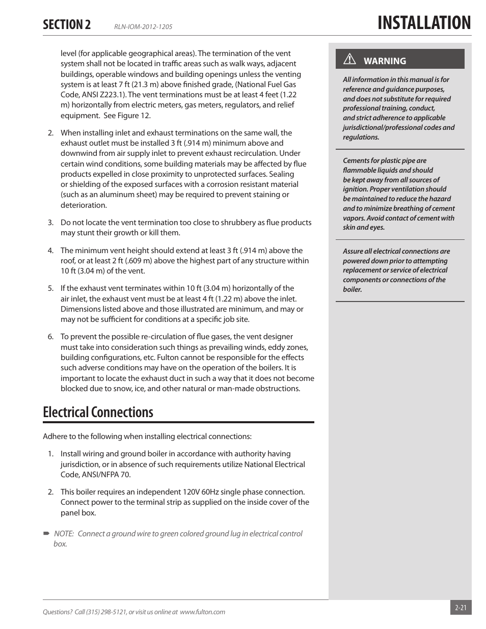 Installation, Electrical connections | Fulton Reliance (RLN) High Efficiency Cooper Fin Boiler User Manual | Page 27 / 60