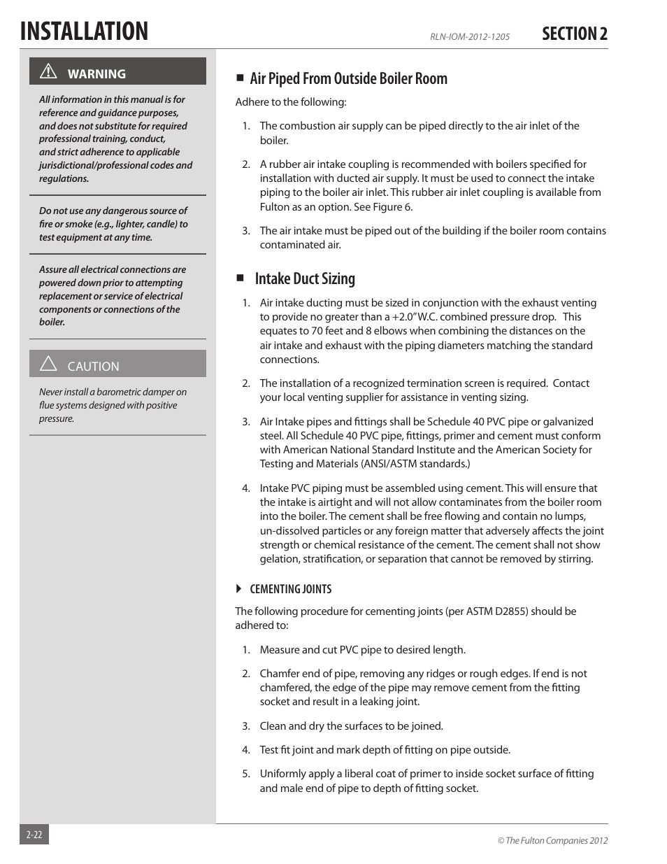 Installation, Air piped from outside boiler room, Intake duct sizing | Fulton Reliance (RLN) High Efficiency Cooper Fin Boiler User Manual | Page 28 / 60