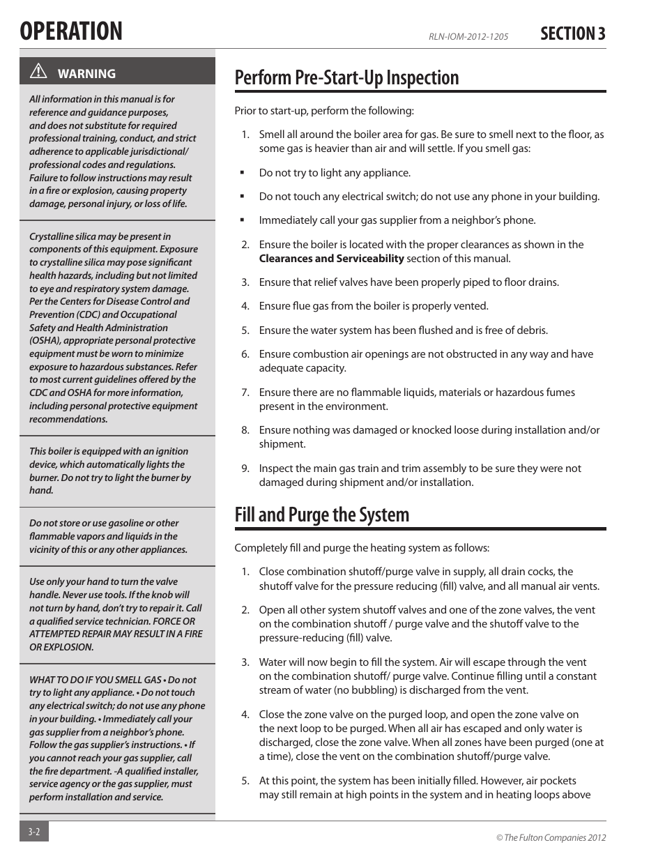 Operation, Perform pre-start-up inspection, Fill and purge the system | Fulton Reliance (RLN) High Efficiency Cooper Fin Boiler User Manual | Page 32 / 60