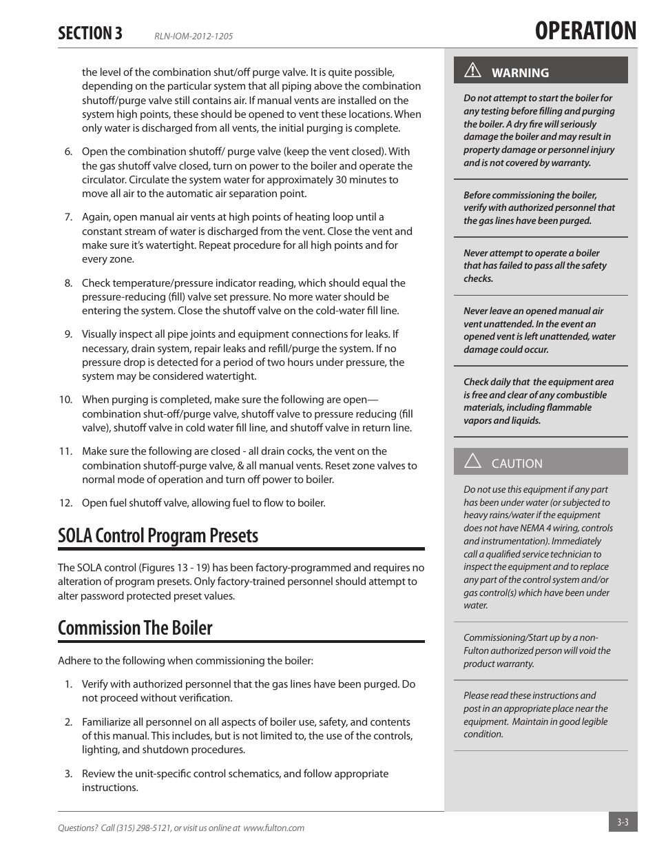 Operation, Sola control program presets, Commission the boiler | Fulton Reliance (RLN) High Efficiency Cooper Fin Boiler User Manual | Page 33 / 60