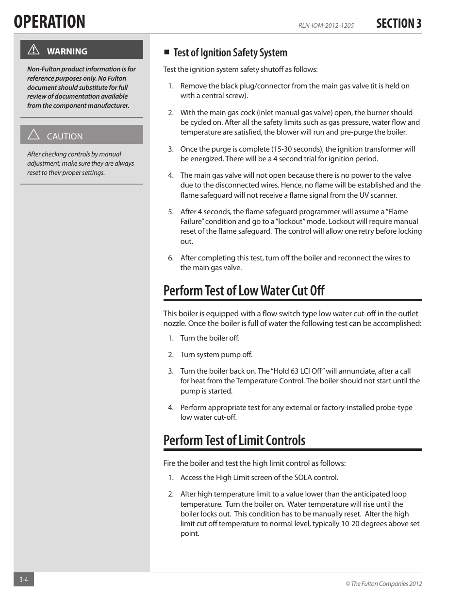 Operation, Perform test of low water cut off, Perform test of limit controls | Test of ignition safety system | Fulton Reliance (RLN) High Efficiency Cooper Fin Boiler User Manual | Page 34 / 60