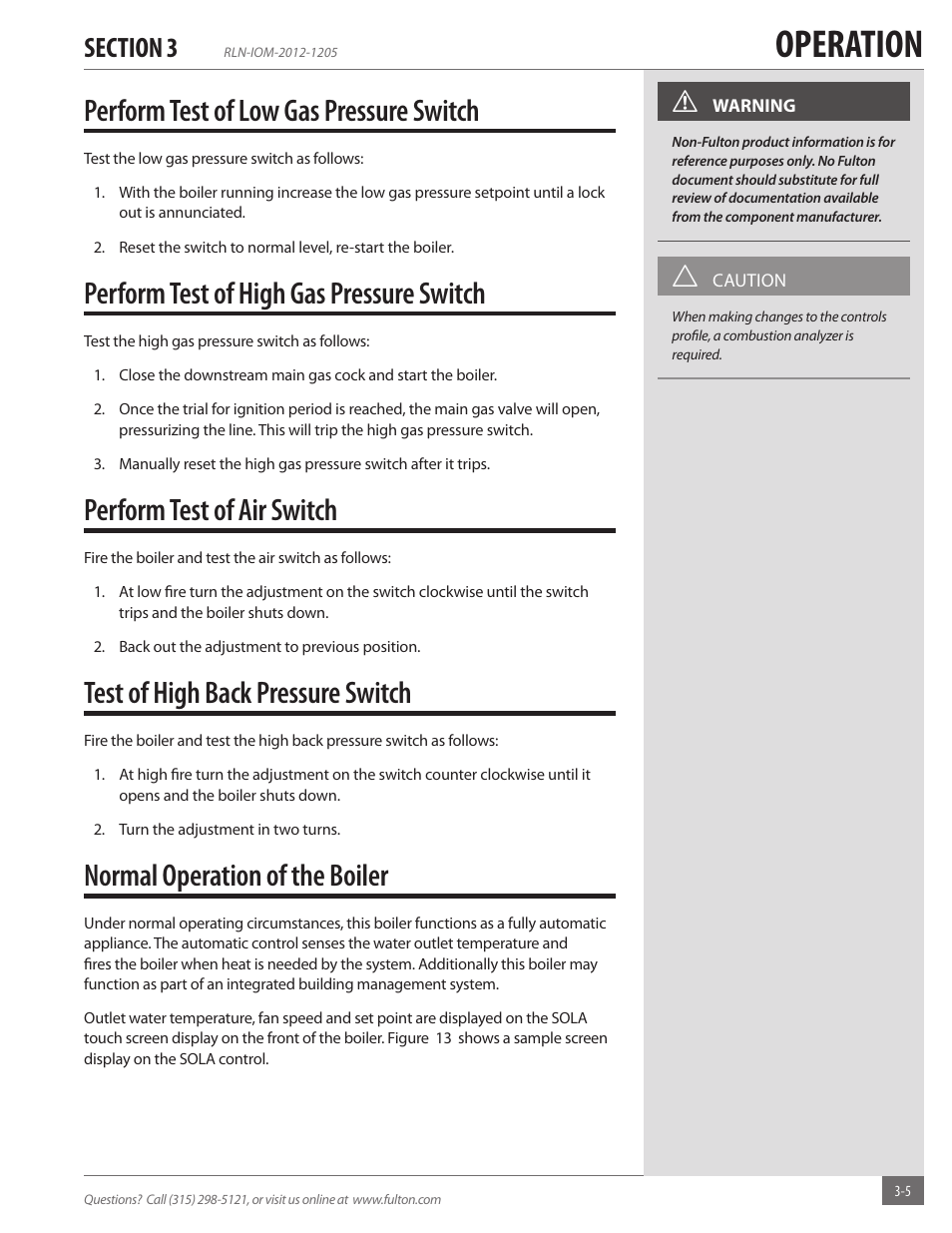 Operation, Perform test of low gas pressure switch, Perform test of high gas pressure switch | Perform test of air switch, Test of high back pressure switch, Normal operation of the boiler | Fulton Reliance (RLN) High Efficiency Cooper Fin Boiler User Manual | Page 35 / 60
