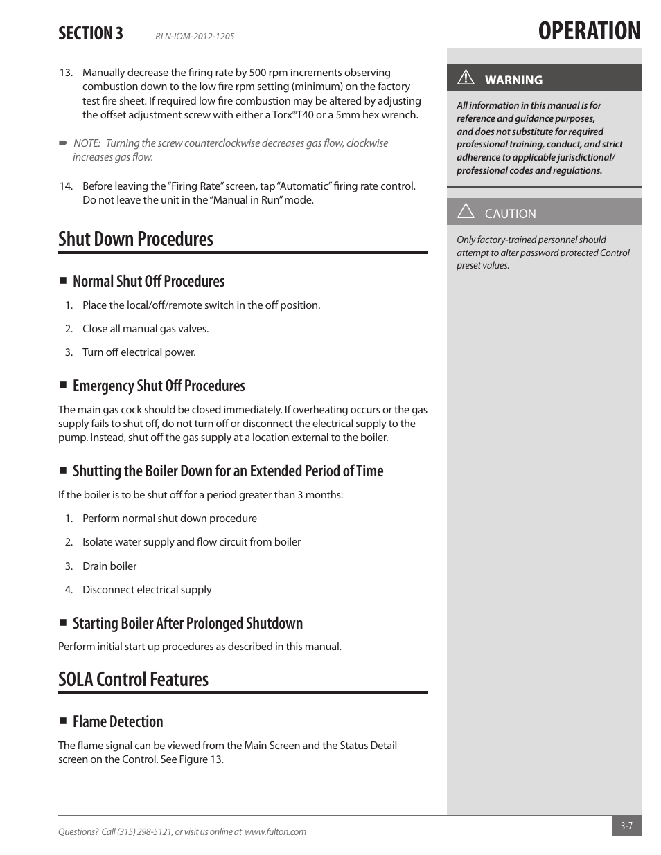 Operation, Shut down procedures, Sola control features | Normal shut off procedures, Emergency shut off procedures, Starting boiler after prolonged shutdown, Flame detection | Fulton Reliance (RLN) High Efficiency Cooper Fin Boiler User Manual | Page 37 / 60