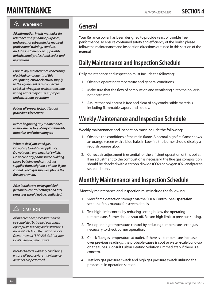 Maintenance, General, Daily maintenance and inspection schedule | Weekly maintenance and inspection schedule, Monthly maintenance and inspection schedule | Fulton Reliance (RLN) High Efficiency Cooper Fin Boiler User Manual | Page 44 / 60