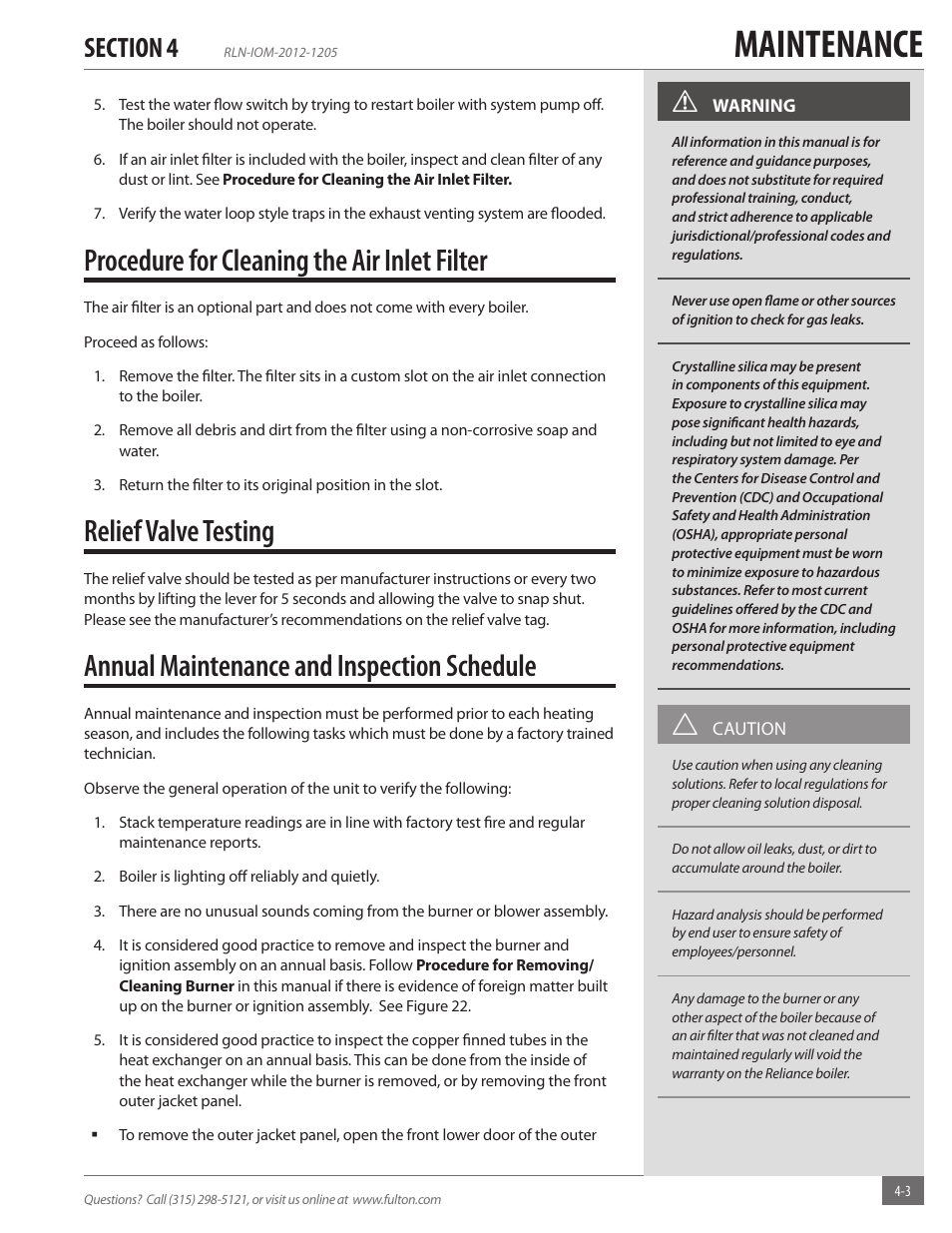 Maintenance, Procedure for cleaning the air inlet filter, Relief valve testing | Annual maintenance and inspection schedule | Fulton Reliance (RLN) High Efficiency Cooper Fin Boiler User Manual | Page 45 / 60