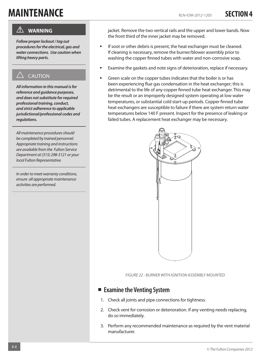 Maintenance, Examine the venting system | Fulton Reliance (RLN) High Efficiency Cooper Fin Boiler User Manual | Page 46 / 60