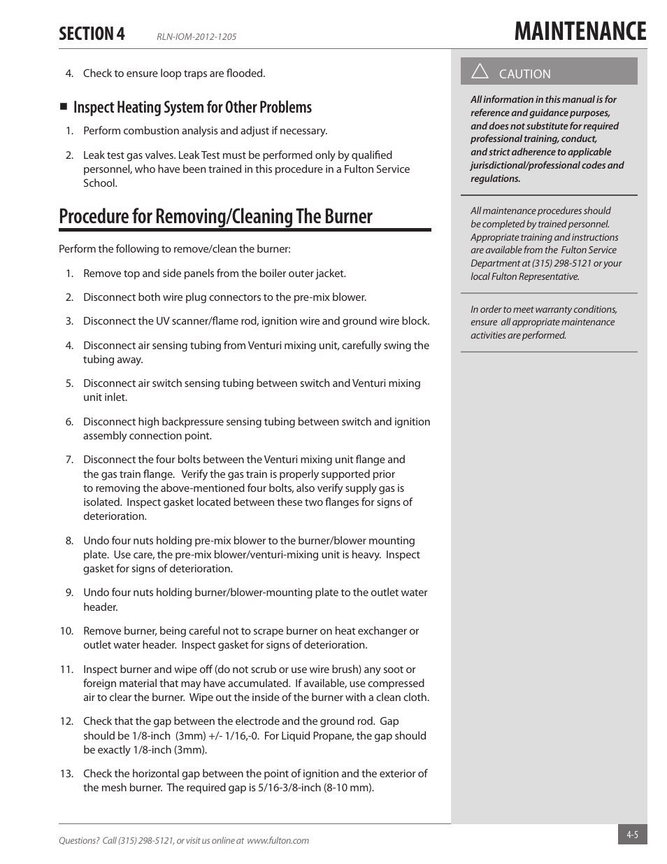 Maintenance, Procedure for removing/cleaning the burner, Inspect heating system for other problems | Fulton Reliance (RLN) High Efficiency Cooper Fin Boiler User Manual | Page 47 / 60