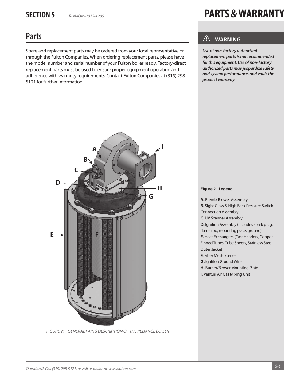Parts & warranty, Parts | Fulton Reliance (RLN) High Efficiency Cooper Fin Boiler User Manual | Page 55 / 60