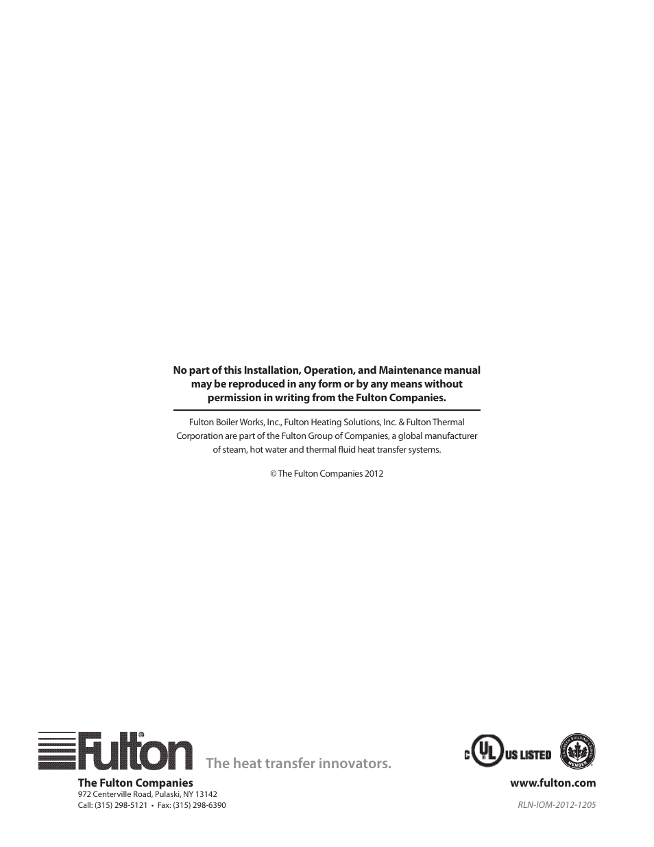 The heat transfer innovators | Fulton Reliance (RLN) High Efficiency Cooper Fin Boiler User Manual | Page 60 / 60