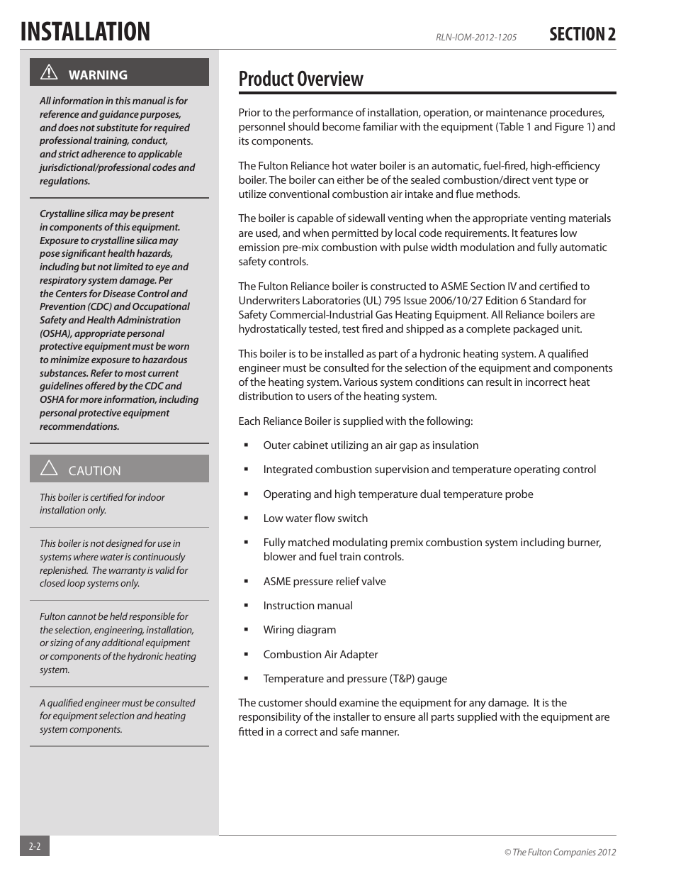 Installation, Product overview | Fulton Reliance (RLN) High Efficiency Cooper Fin Boiler User Manual | Page 8 / 60