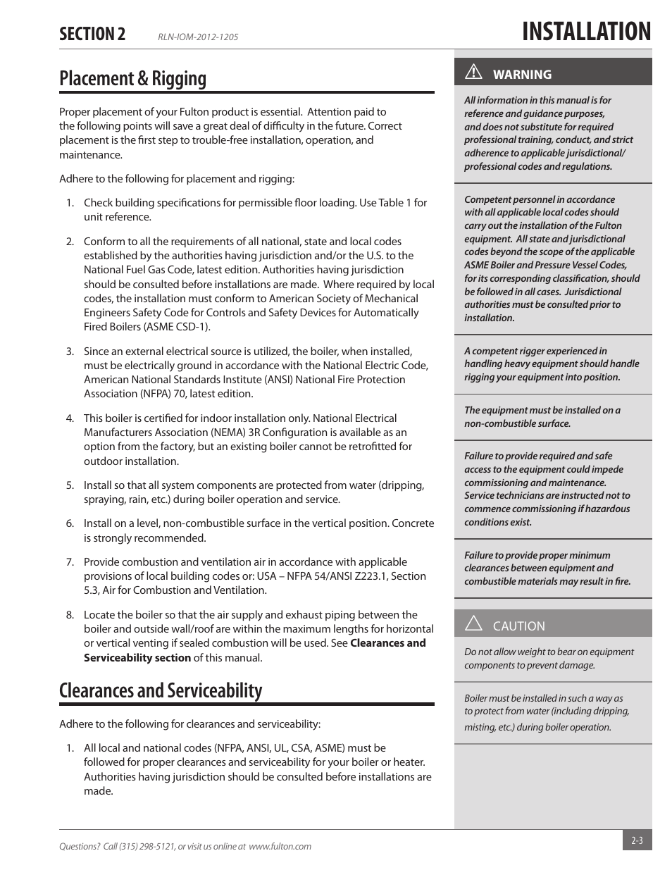 Installation, Placement & rigging, Clearances and serviceability | Fulton Reliance (RLN) High Efficiency Cooper Fin Boiler User Manual | Page 9 / 60