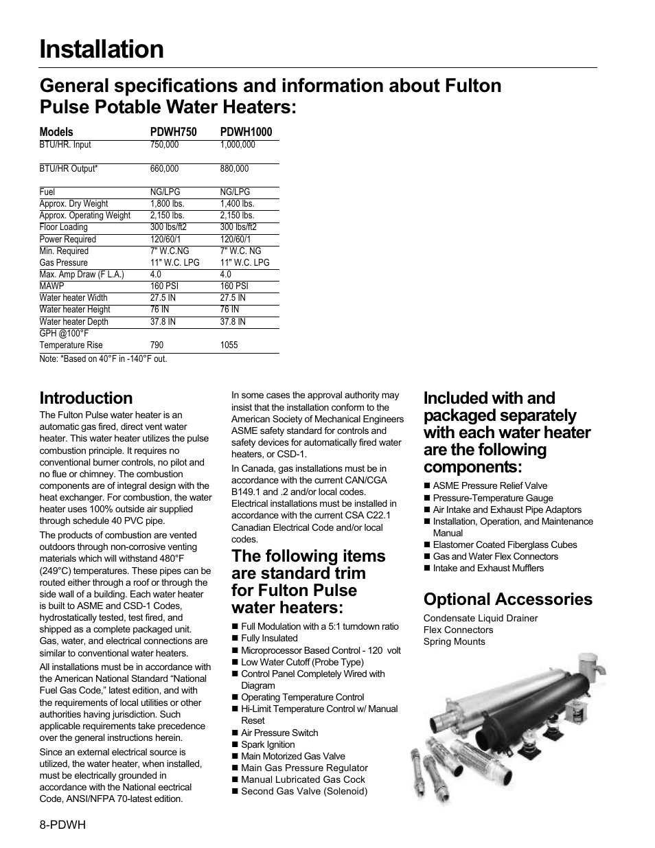 Installation, Introduction, Optional accessories | Fulton Pulse DWH (PDWH) Domestic Water Heater User Manual | Page 10 / 50