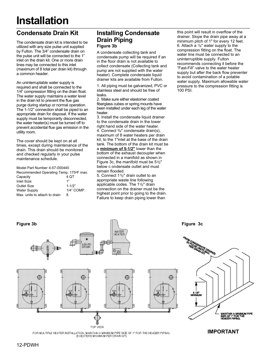 Installation, Condensate drain kit, Installing condensate drain piping | Important, Pdwh | Fulton Pulse DWH (PDWH) Domestic Water Heater User Manual | Page 14 / 50