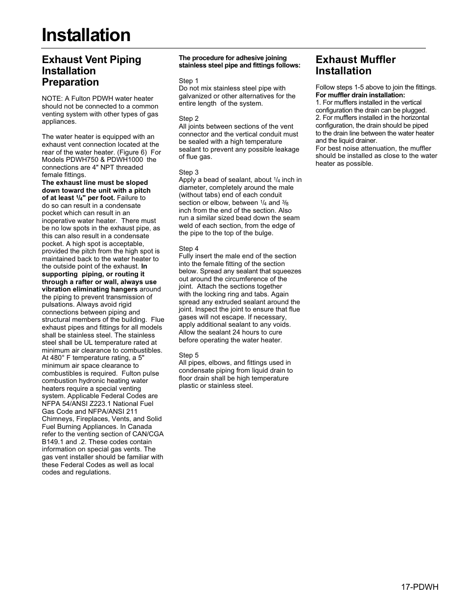 Installation, Exhaust vent piping installation preparation, Exhaust muffler installation | Fulton Pulse DWH (PDWH) Domestic Water Heater User Manual | Page 19 / 50