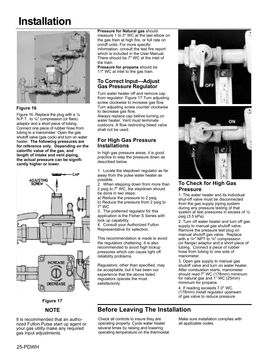 Installation, Before leaving the installation, For high gas pressure installations | Fulton Pulse DWH (PDWH) Domestic Water Heater User Manual | Page 27 / 50