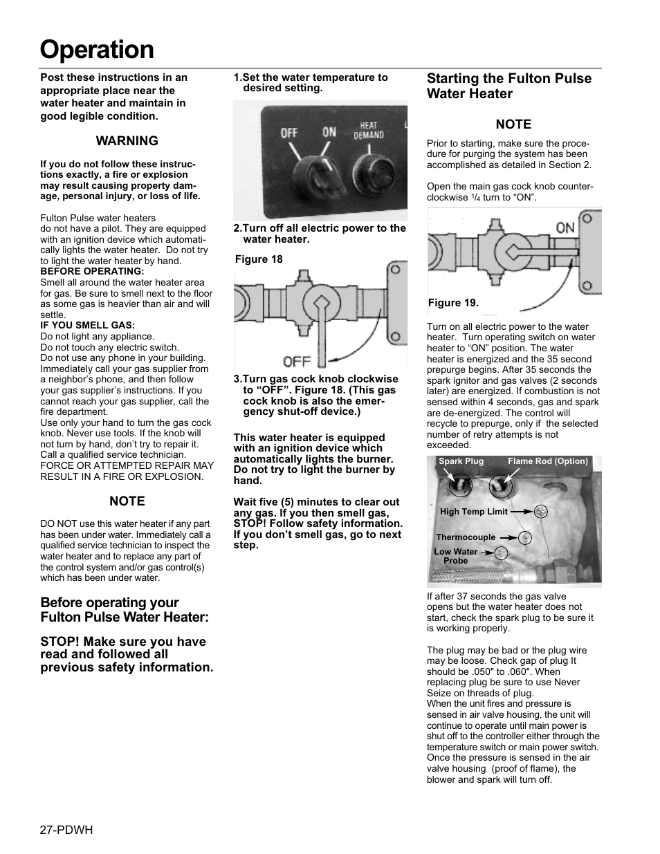 Operation, Before operating your fulton pulse water heater, Starting the fulton pulse water heater | Fulton Pulse DWH (PDWH) Domestic Water Heater User Manual | Page 30 / 50