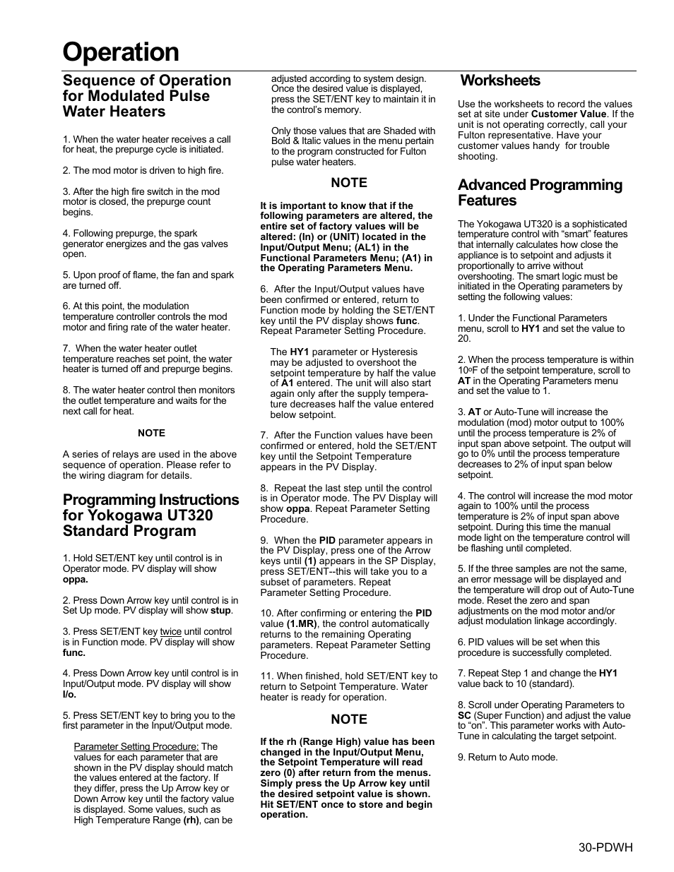 Operation, Worksheets, Advanced programming features | Fulton Pulse DWH (PDWH) Domestic Water Heater User Manual | Page 33 / 50