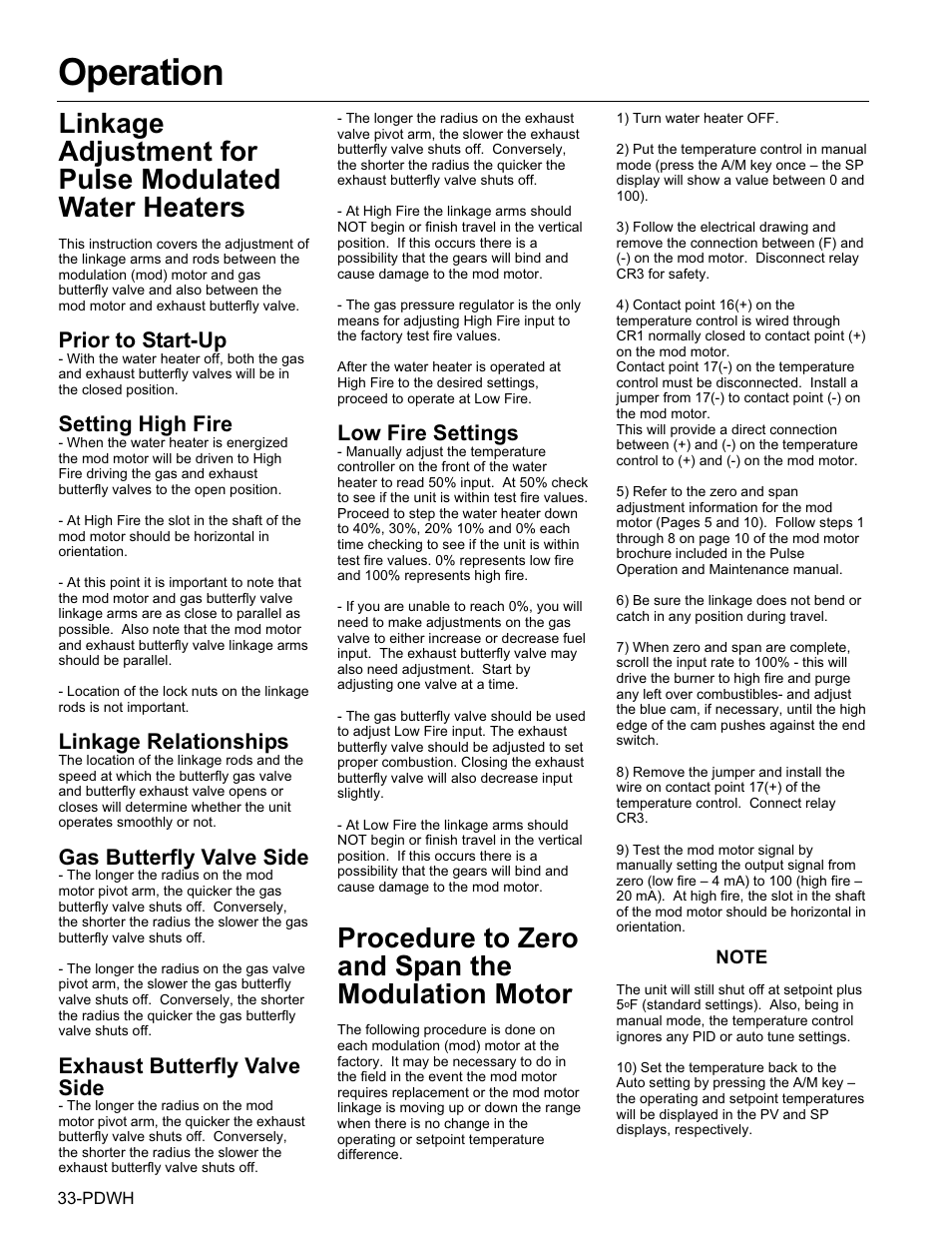 Operation, Procedure to zero and span the modulation motor, Prior to start-up | Setting high fire, Linkage relationships, Gas butterfly valve side, Exhaust butterfly valve side, Low fire settings | Fulton Pulse DWH (PDWH) Domestic Water Heater User Manual | Page 36 / 50