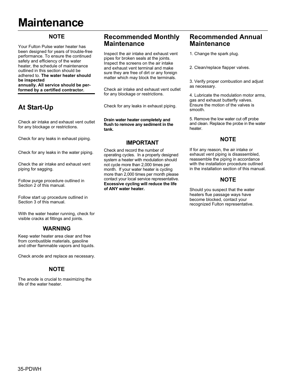 Maintenance, At start-up, Recommended monthly maintenance | Recommended annual maintenance | Fulton Pulse DWH (PDWH) Domestic Water Heater User Manual | Page 38 / 50