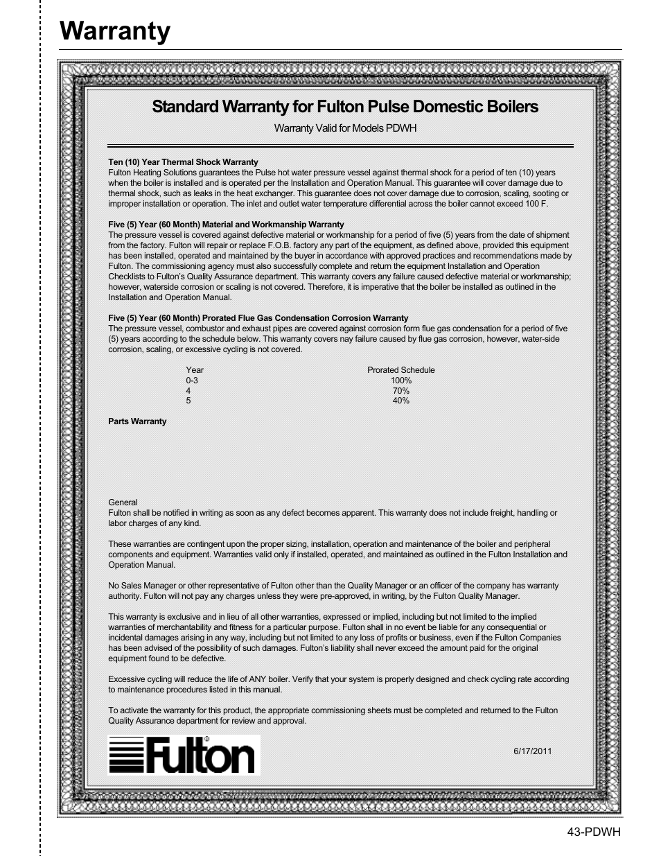 Warranty | Fulton Pulse DWH (PDWH) Domestic Water Heater User Manual | Page 47 / 50