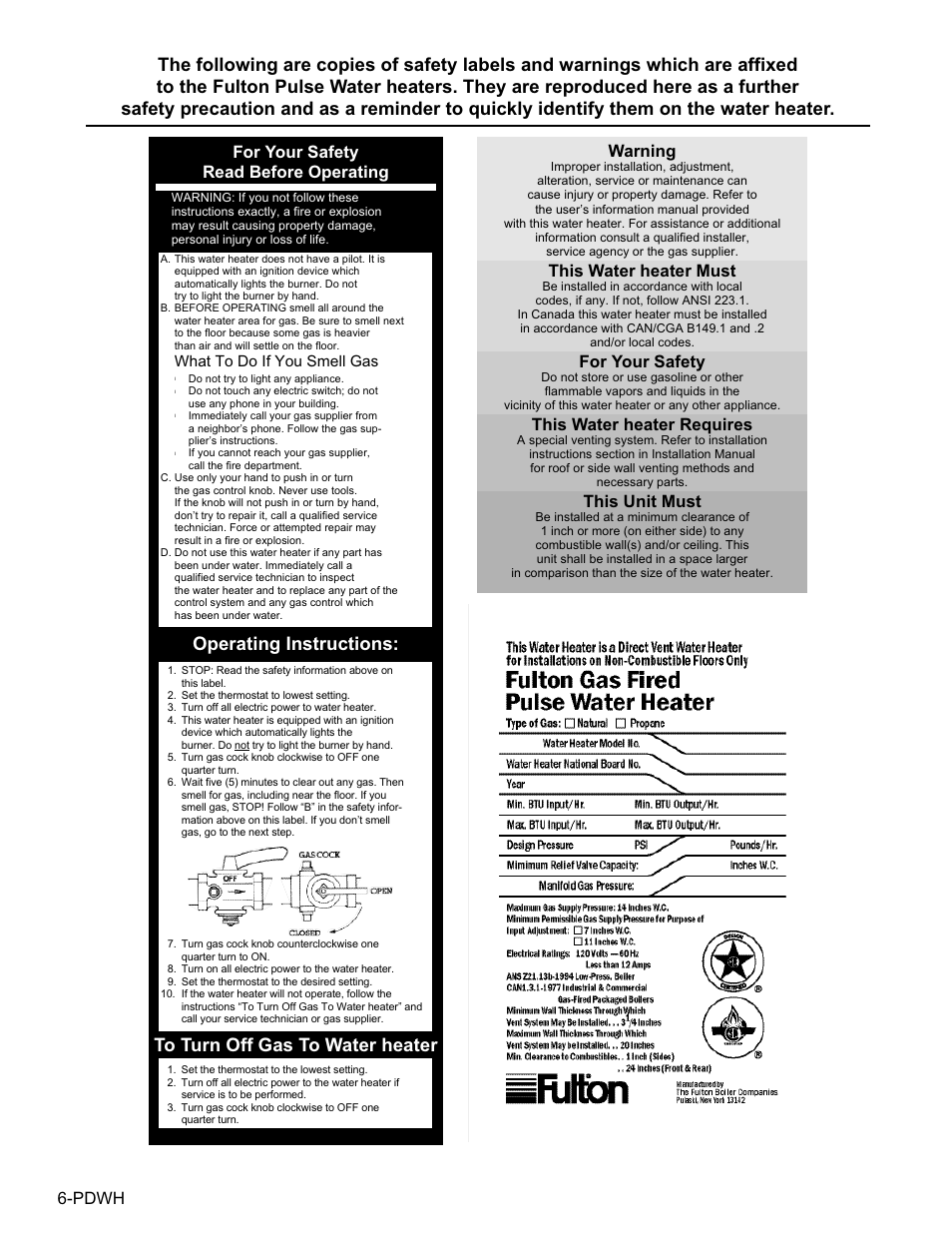 Pdwh, For your safety read before operating, Warning | This water heater must, For your safety, This water heater requires, This unit must | Fulton Pulse DWH (PDWH) Domestic Water Heater User Manual | Page 8 / 50