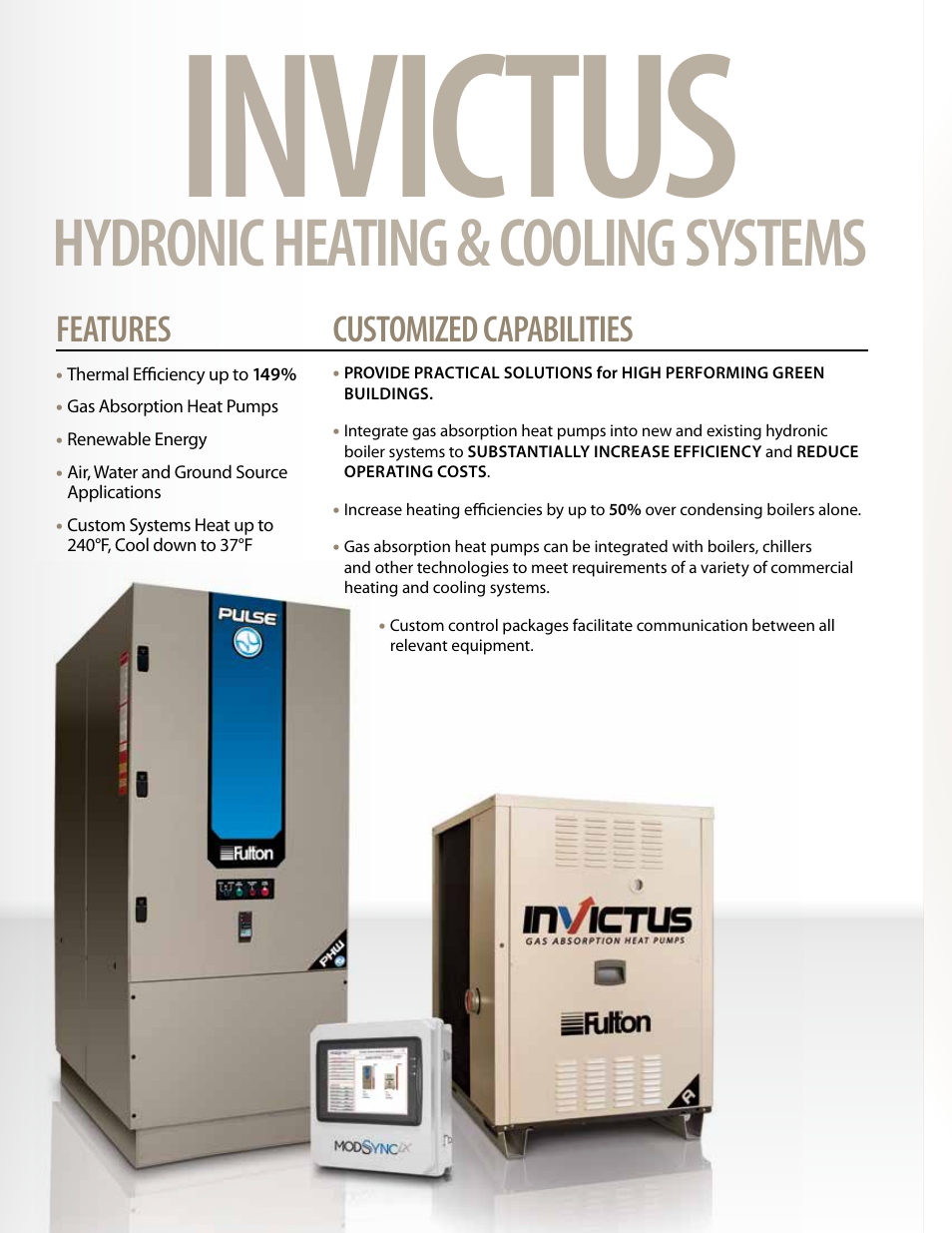 Invictus, Hydronic heating & cooling systems, Features | Customized capabilities | Fulton Invictus (IVS) Heat Pump Systems User Manual | Page 2 / 8