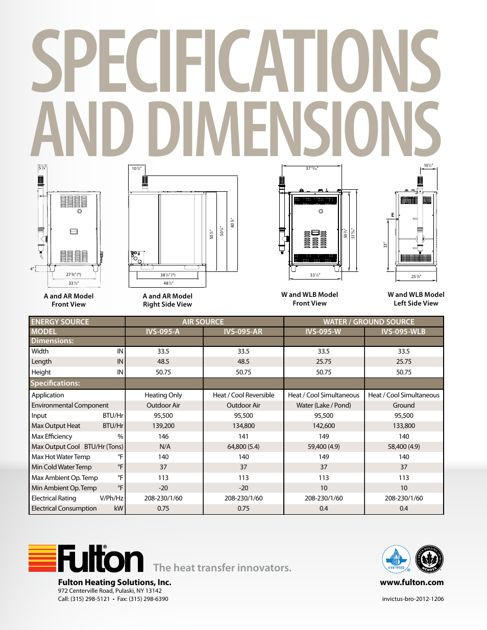 Specifications, And dimensions, The heat transfer innovators | Fulton heating solutions, inc | Fulton Invictus (IVS) Heat Pump Systems User Manual | Page 8 / 8