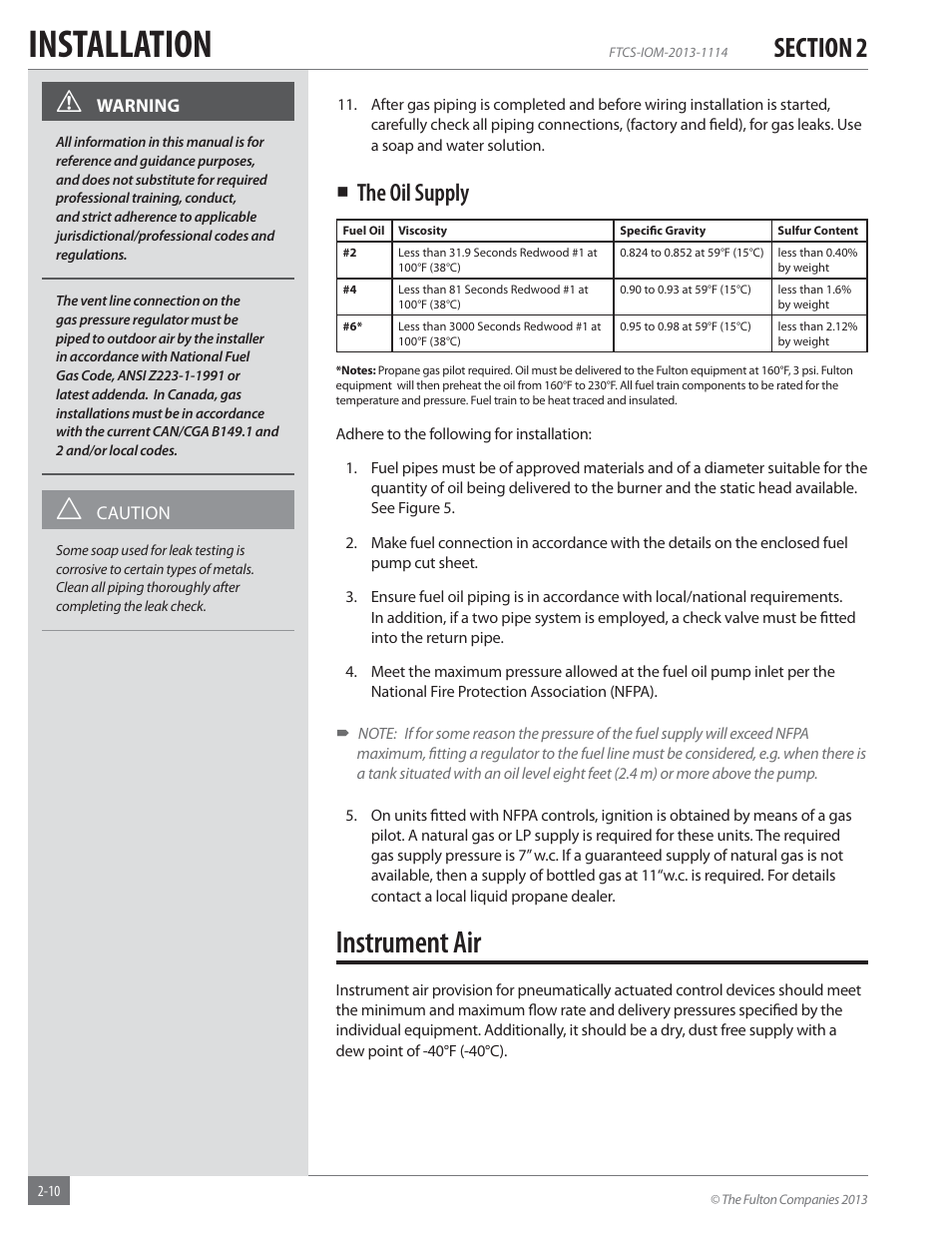 Installation, Instrument air, The oil supply | Fulton Vertical Coil (FT-C_S) Thermal Fluid (hot oil) Heater User Manual | Page 16 / 92