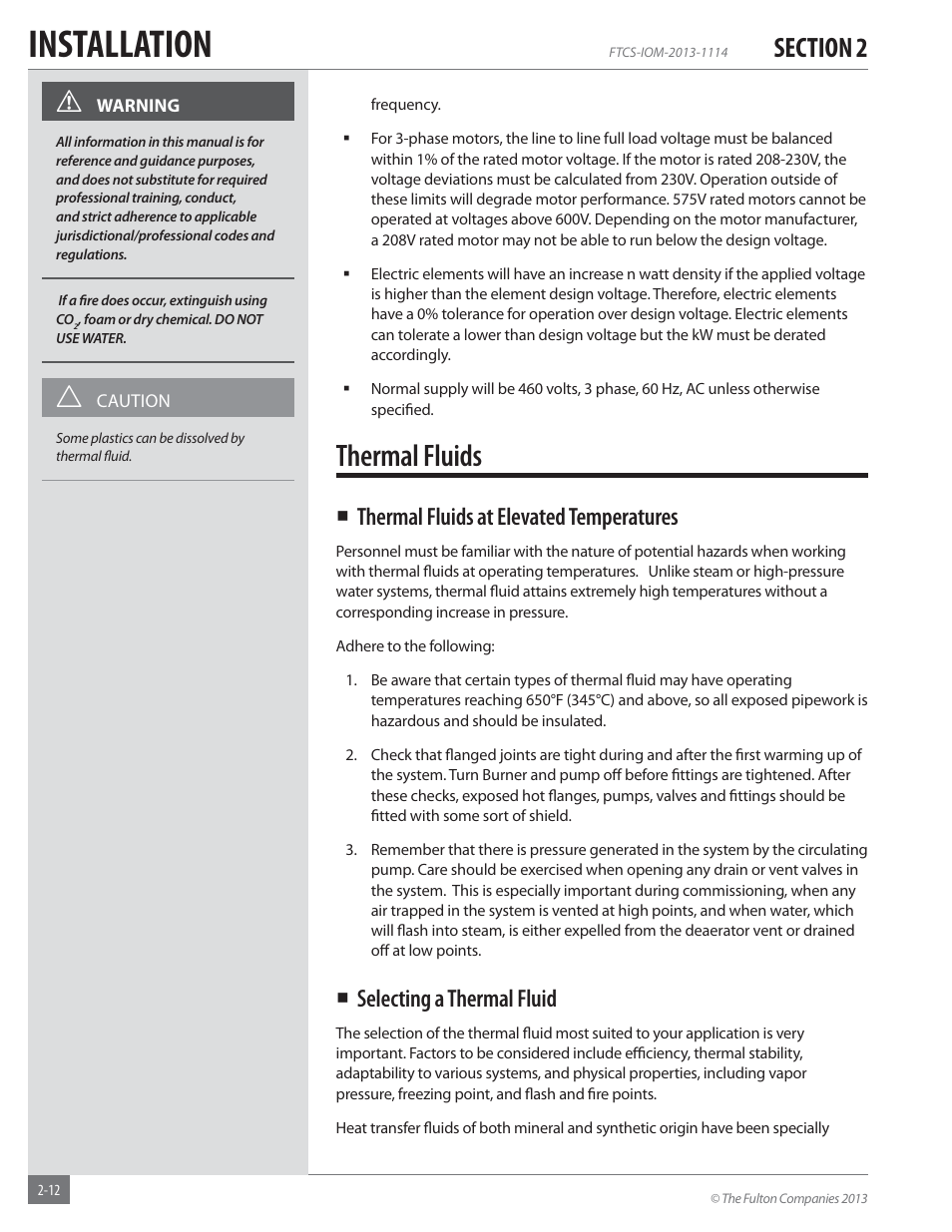 Installation, Thermal fluids, Thermal fluids at elevated temperatures | Selecting a thermal fluid | Fulton Vertical Coil (FT-C_S) Thermal Fluid (hot oil) Heater User Manual | Page 18 / 92