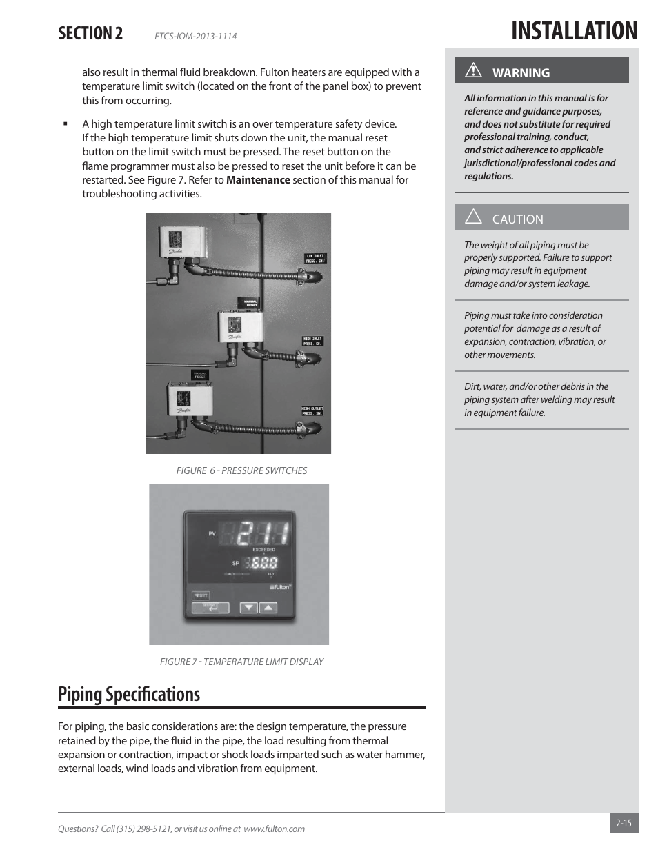 Installation, Piping speciﬁ cations | Fulton Vertical Coil (FT-C_S) Thermal Fluid (hot oil) Heater User Manual | Page 21 / 92