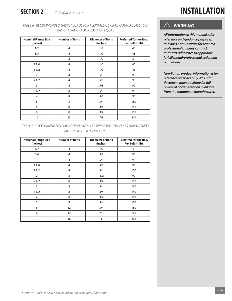 Installation, Warning | Fulton Vertical Coil (FT-C_S) Thermal Fluid (hot oil) Heater User Manual | Page 25 / 92