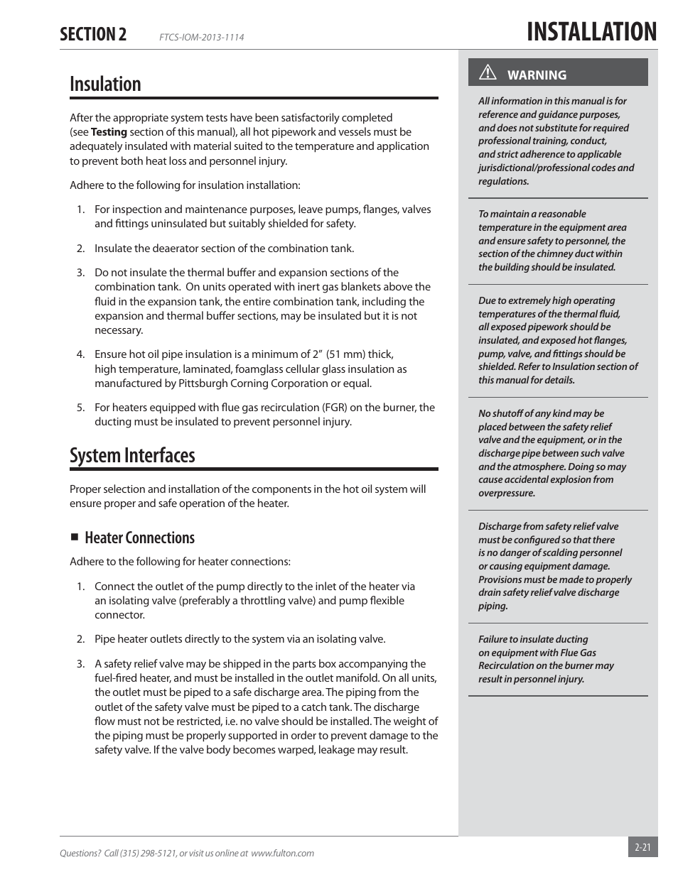 Installation, Insulation, System interfaces | Heater connections | Fulton Vertical Coil (FT-C_S) Thermal Fluid (hot oil) Heater User Manual | Page 27 / 92