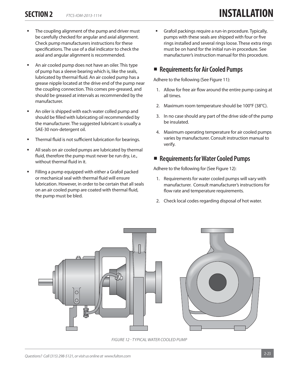 Installation, Requirements for air cooled pumps, Requirements for water cooled pumps | Fulton Vertical Coil (FT-C_S) Thermal Fluid (hot oil) Heater User Manual | Page 29 / 92