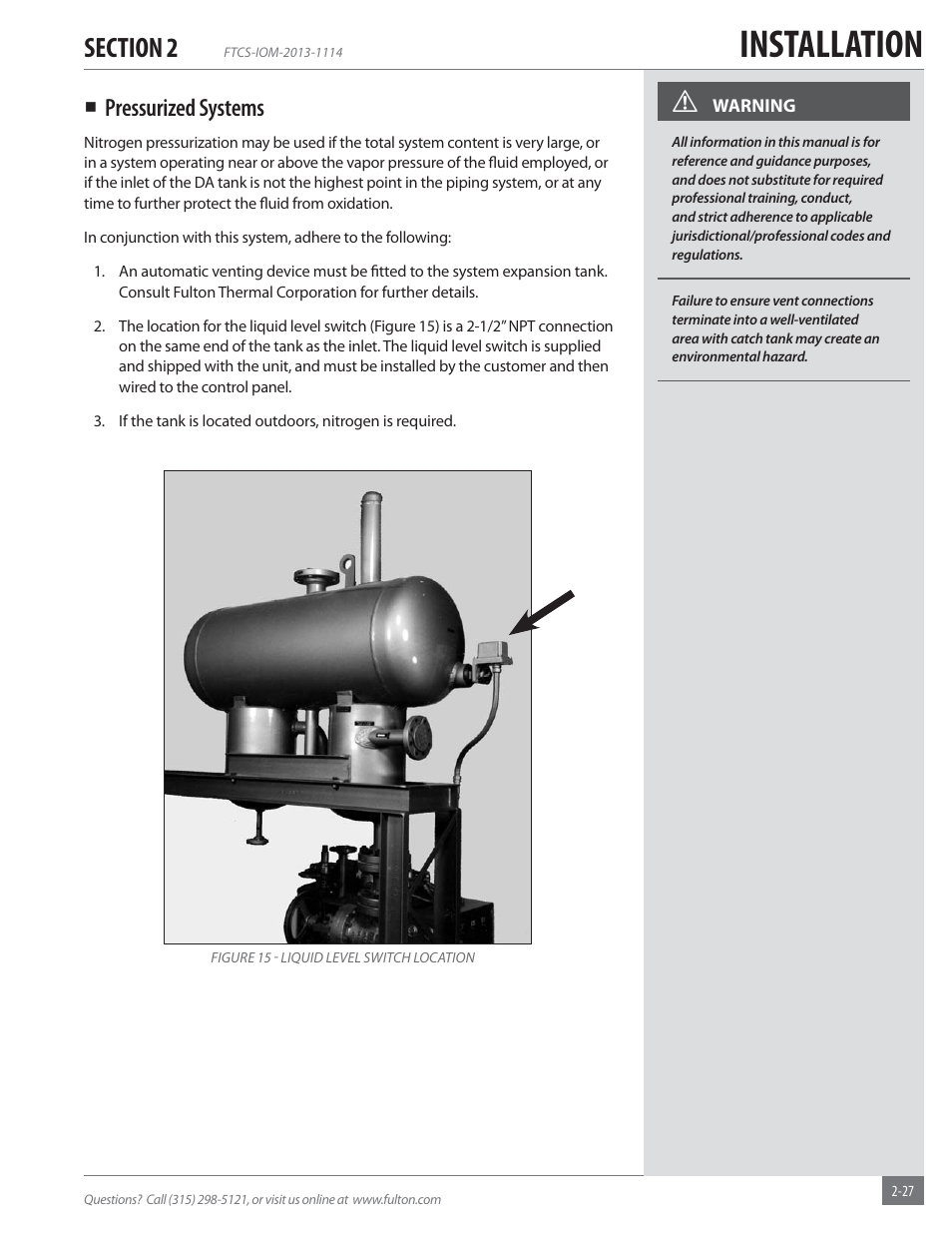 Installation, Pressurized systems | Fulton Vertical Coil (FT-C_S) Thermal Fluid (hot oil) Heater User Manual | Page 33 / 92