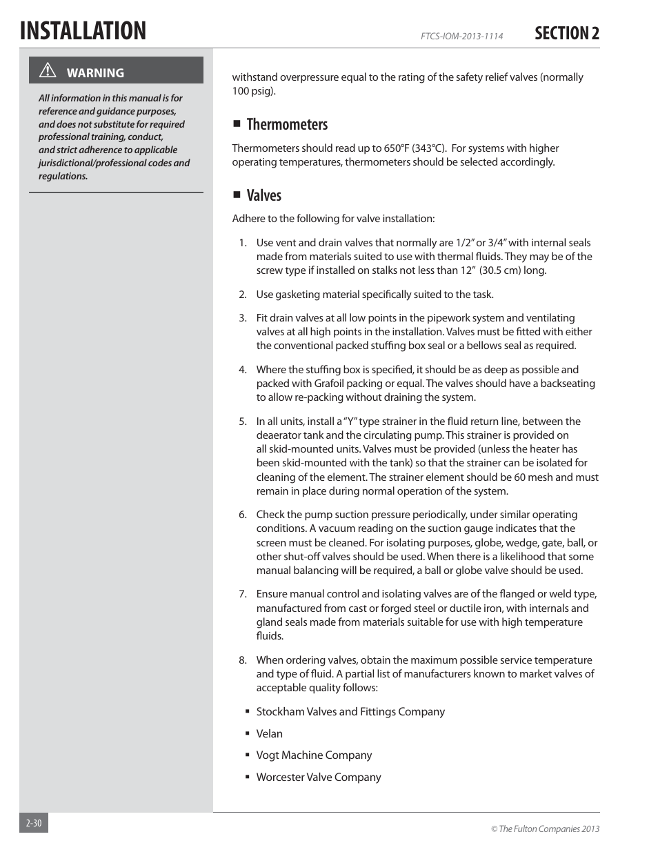 Installation, Thermometers, Valves | Fulton Vertical Coil (FT-C_S) Thermal Fluid (hot oil) Heater User Manual | Page 36 / 92